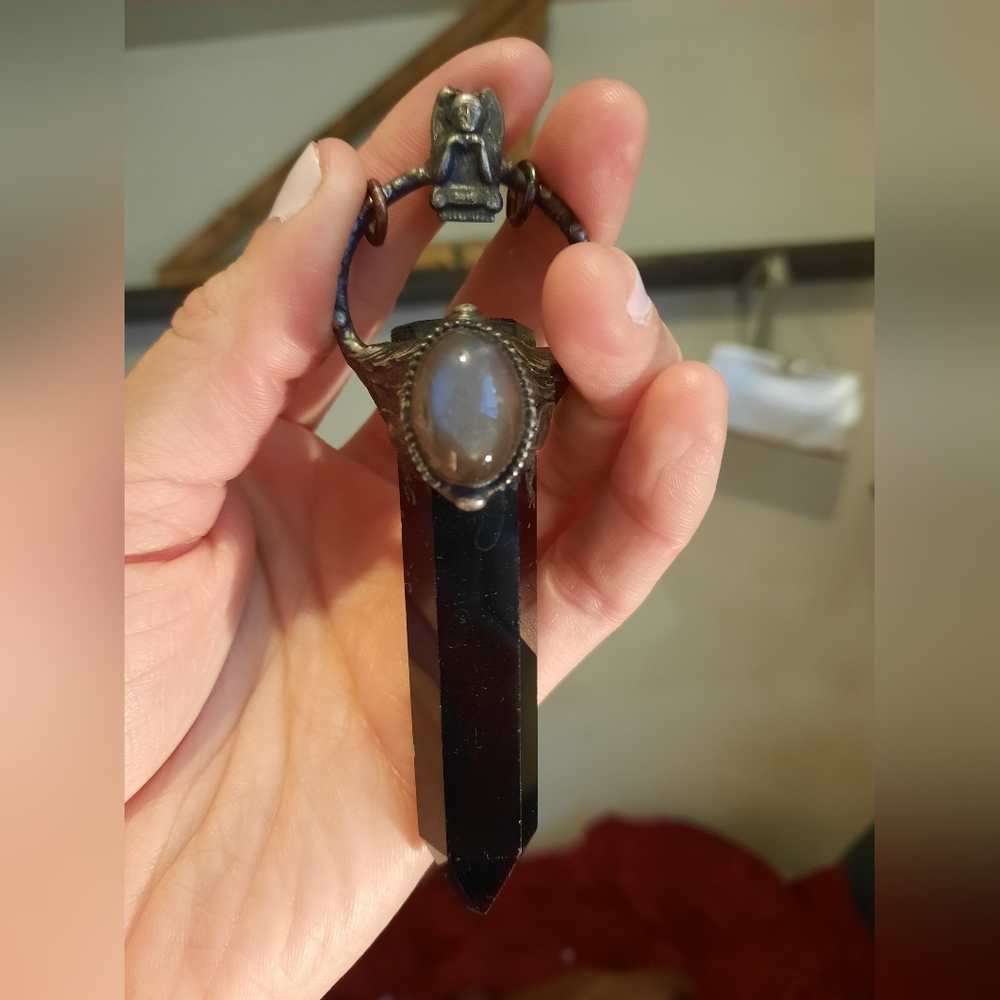 Obsidian Point and Gray Moonstone Pendant with Gargoyle